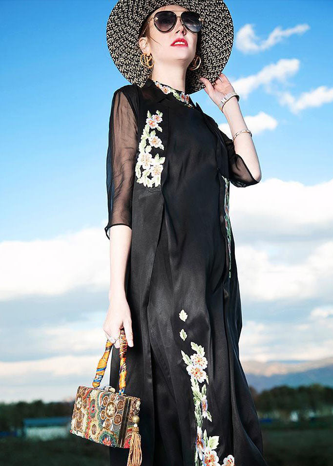 Women Black Embroideried Patchwork Silk Cardigans Summer