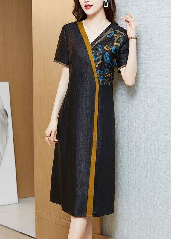 Women Black Embroideried Patchwork Silk Holiday Dress Summer