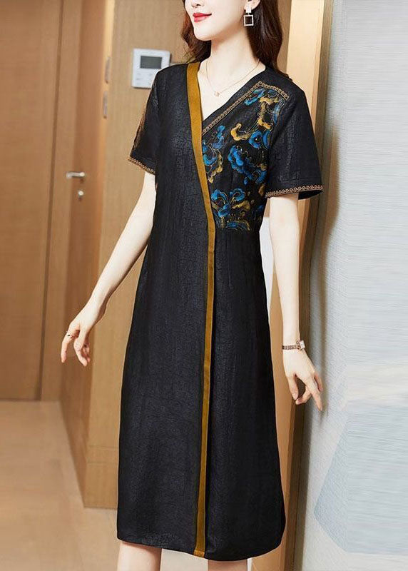 Women Black Embroideried Patchwork Silk Holiday Dress Summer