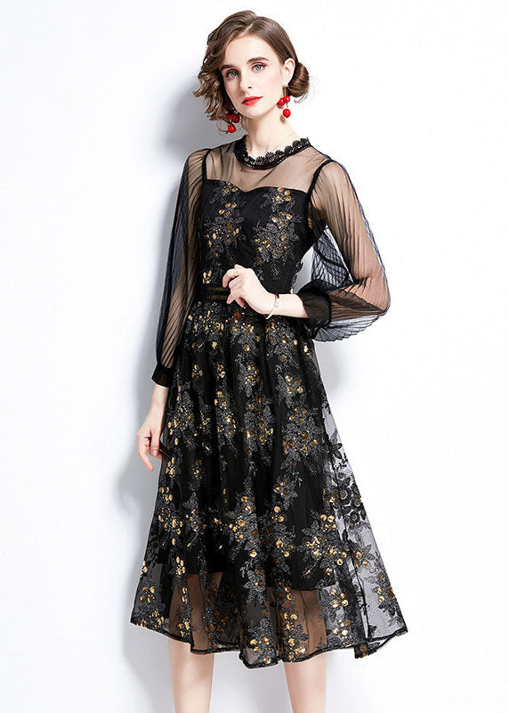 Women Black Embroideried Sequins Patchwork Hollow Out Tulle Dress Fall