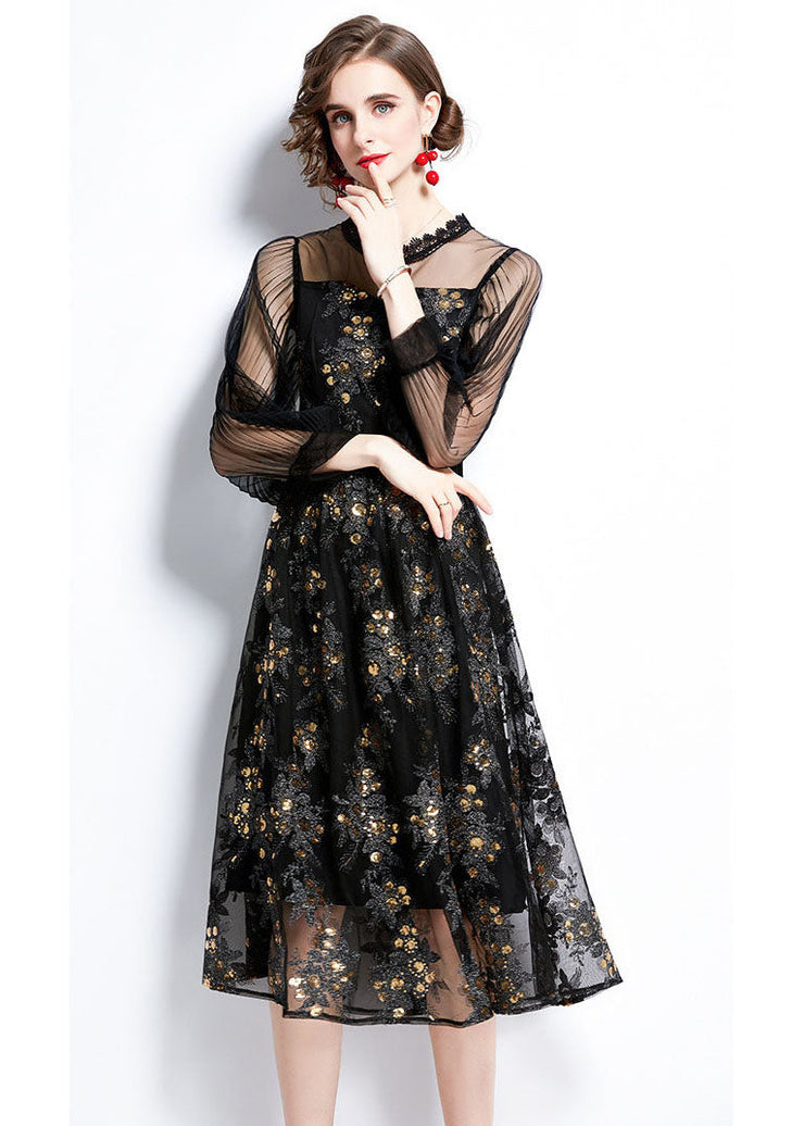 Women Black Embroideried Sequins Patchwork Hollow Out Tulle Dress Fall