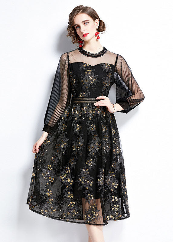 Women Black Embroideried Sequins Patchwork Hollow Out Tulle Dress Fall