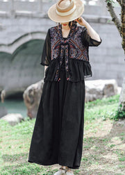 Women Black Ethnic Style Embroideried Ruffled Linen Silk Blouse Tops Summer