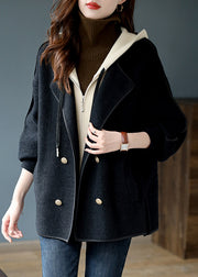 Women Black False Two Pieces Patchwork Woolen Hooded Coat Winter