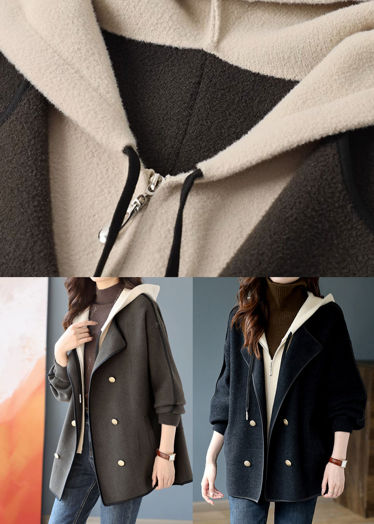 Women Black False Two Pieces Patchwork Woolen Hooded Coat Winter