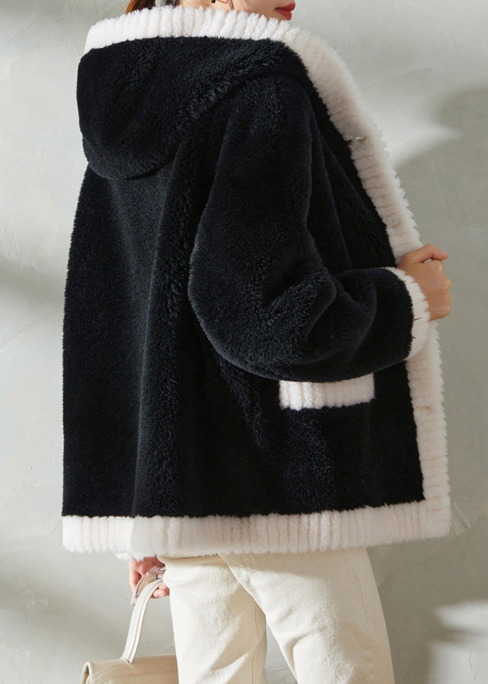 Women Black Faux Fur Thick Button Hooded Coats Winter