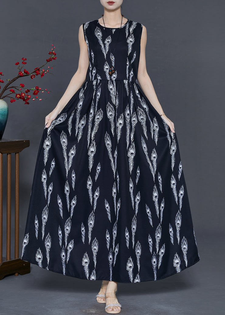 Women Black Feather Print Chiffon Holiday Dress Summer