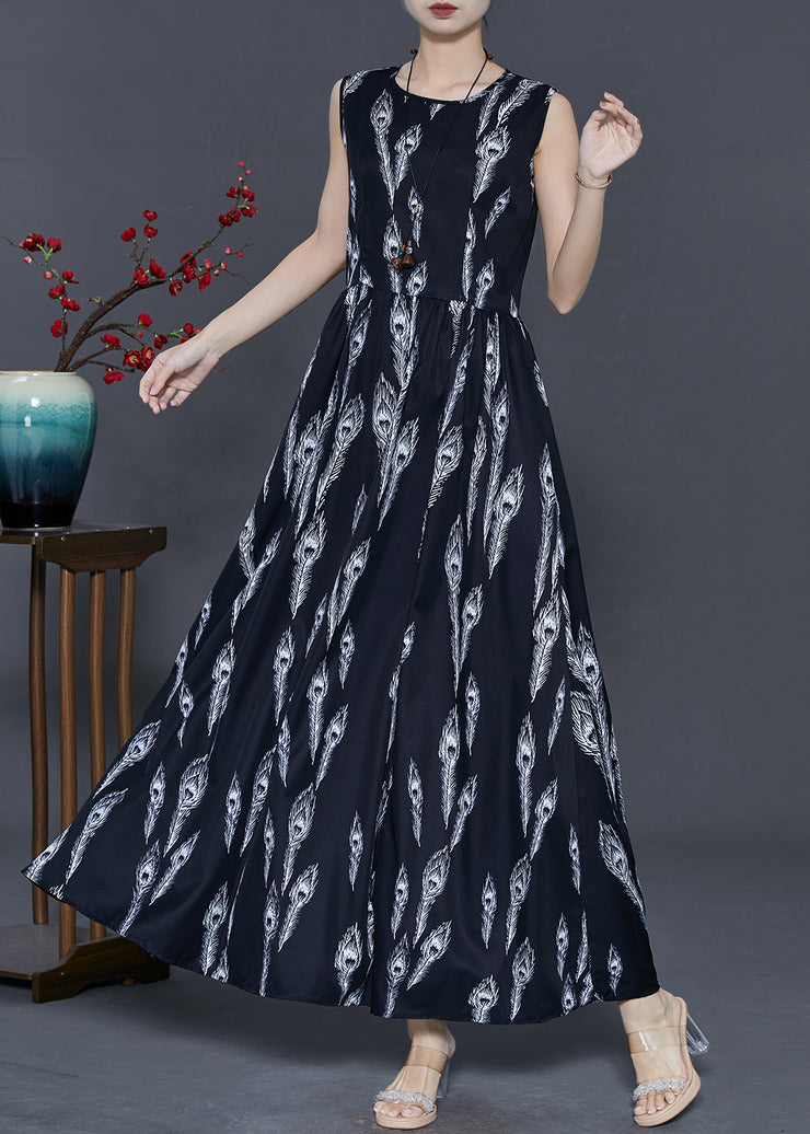 Women Black Feather Print Chiffon Holiday Dress Summer