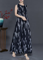 Women Black Feather Print Chiffon Holiday Dress Summer