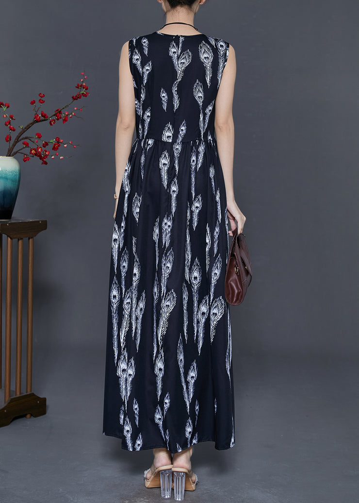 Women Black Feather Print Chiffon Holiday Dress Summer