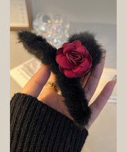 Women Black Fluffy Rose Shark Clamp Hairpin