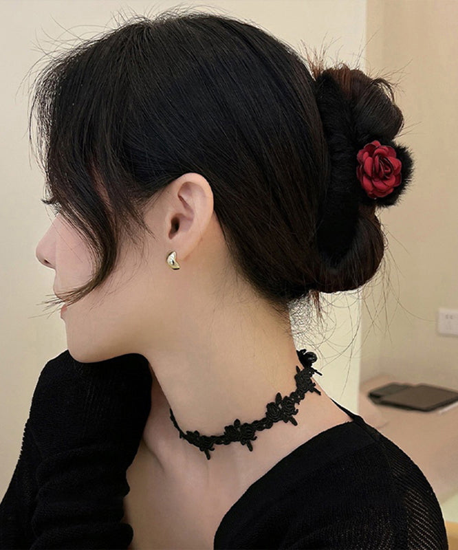 Women Black Fluffy Rose Shark Clamp Hairpin