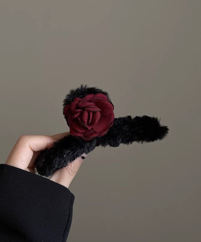 Women Black Fluffy Rose Shark Clamp Hairpin