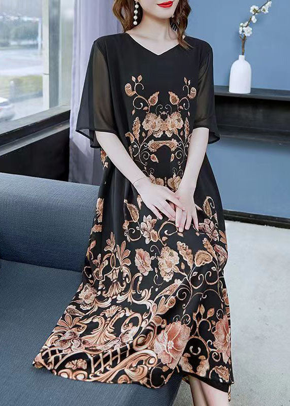 Women Black Gold V Neck Print Patchwork Chiffon Dress Summer