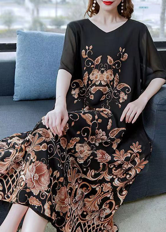 Women Black Gold V Neck Print Patchwork Chiffon Dress Summer