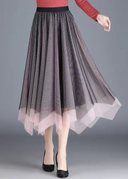 Women Black Grey Asymmetrical Wrinkled Tulle Skirt Spring