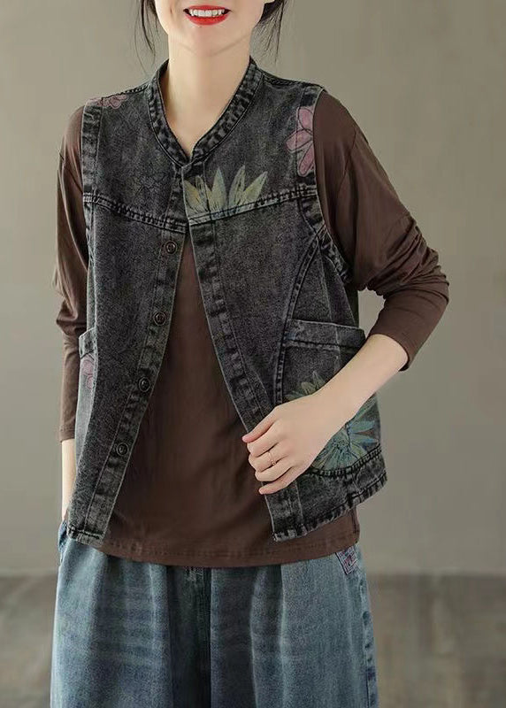 Women Black Grey Neck Print Denim Waistcoat Fall