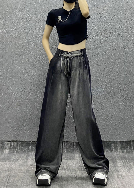 Women Black Grey Pockets Patchwork Denim Wide Leg Pants Spring