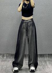 Women Black Grey Pockets Patchwork Denim Wide Leg Pants Spring