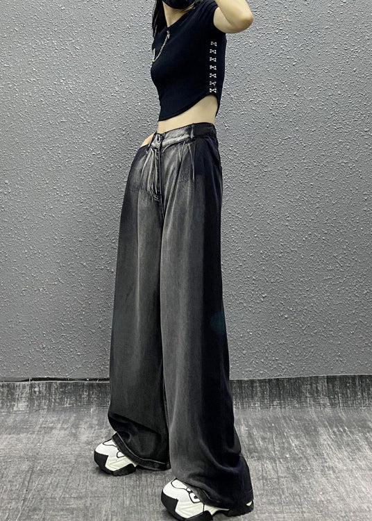 Women Black Grey Pockets Patchwork Denim Wide Leg Pants Spring