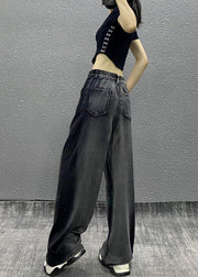 Women Black Grey Pockets Patchwork Denim Wide Leg Pants Fall