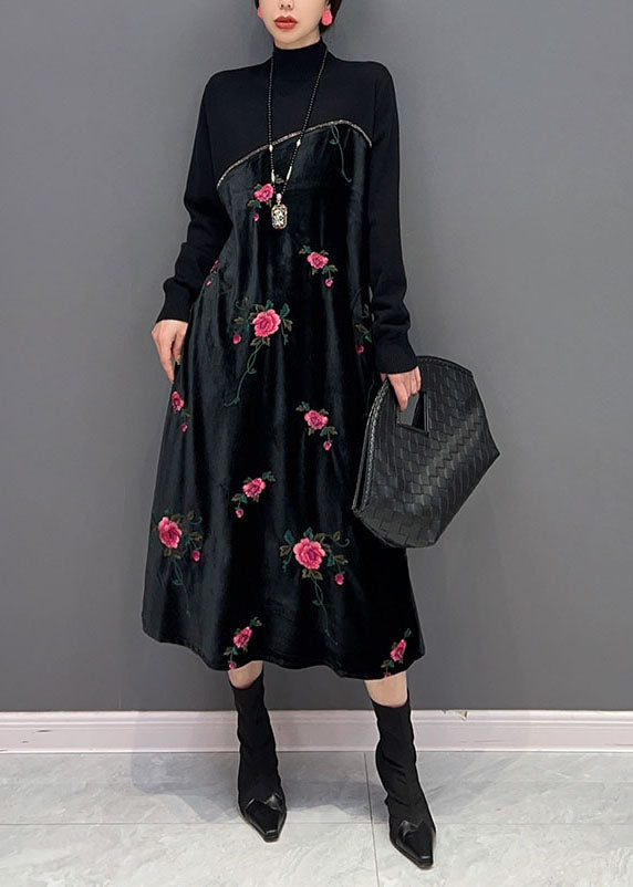 Women Black High Neck Embroideried Knit Patchwork Silk Velour Dress Spring