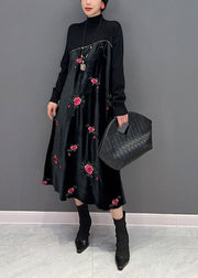 Women Black High Neck Embroideried Knit Patchwork Silk Velour Dress Spring