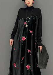 Women Black High Neck Embroideried Knit Patchwork Silk Velour Dress Spring