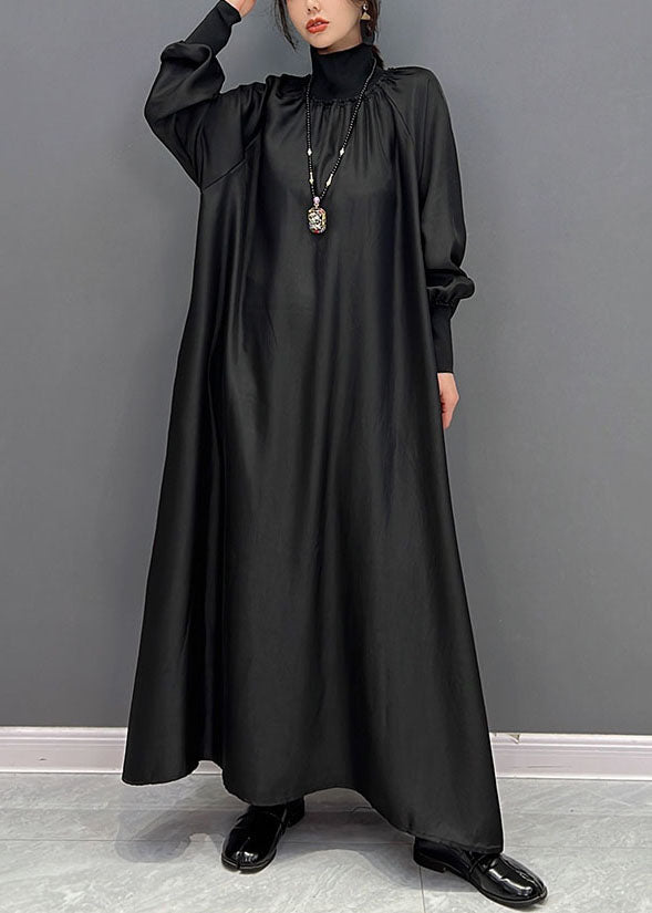 Women Black High Neck Oversized Silk Long Dress Spring