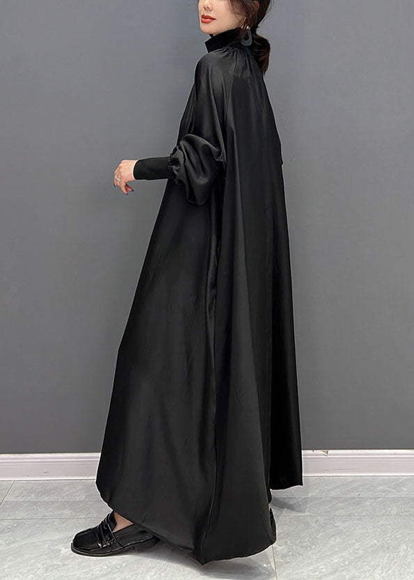 Women Black High Neck Oversized Silk Long Dress Spring