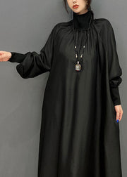 Women Black High Neck Oversized Silk Long Dress Spring