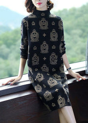 Women Black High Neck Print Pockets Knit Sweater Dress Long Sleeve