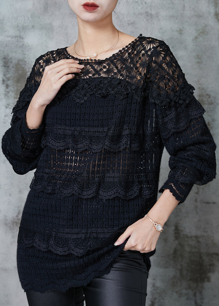 Women Black Hollow Out Patchwork Lace Knit Shirts Spring