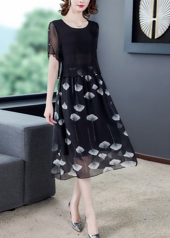 Women Black Hollow Out Patchwork Silk Fake Two Piece Dress Summer