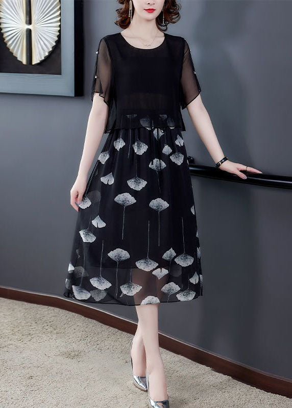 Women Black Hollow Out Patchwork Silk Fake Two Piece Dress Summer