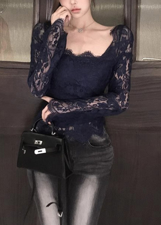 Women Black Hollow Out Sexy Lace Eyelash Tops Spring