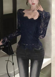 Women Black Hollow Out Sexy Lace Eyelash Tops Spring