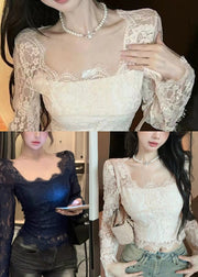 Women Black Hollow Out Sexy Lace Eyelash Tops Spring