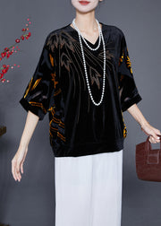 Women Black Hollow Out Zircon Silk Velour Shirt Top Half Sleeve