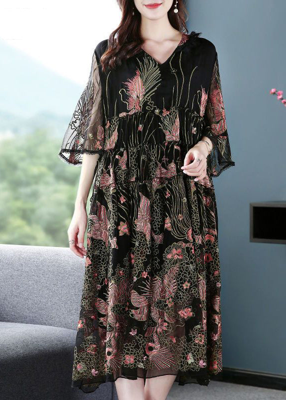 Women Black Hooded Embroideried Silk A Line Dress Summer