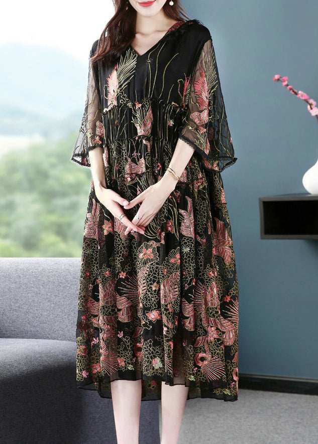 Women Black Hooded Embroideried Silk A Line Dress Summer