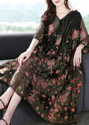 Women Black Hooded Embroideried Silk A Line Dress Summer