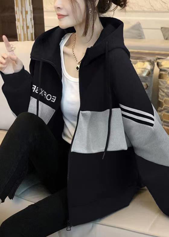 Women Black Hooded Patchwork Cotton Coats Long Sleeve