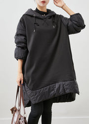 Women Black Hooded Patchwork Thick Cotton Pullover Sweatshirt Dress Fall