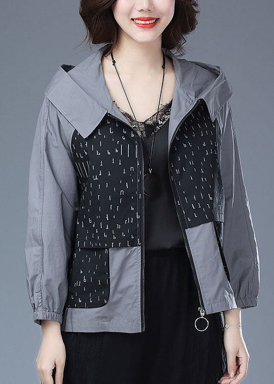 Women Black Hooded Print Pockets Patchwork Cotton Tops Coats Fall