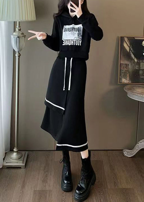 Women Black Hooded Sweatshirt And Skirts Cotton Two Piece Set Spring