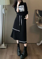 Women Black Hooded Sweatshirt And Skirts Cotton Two Piece Set Spring