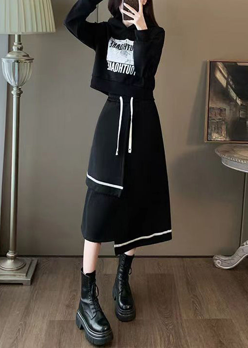 Women Black Hooded Sweatshirt And Skirts Cotton Two Piece Set Spring