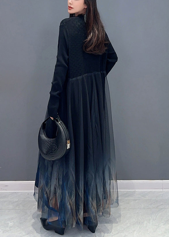 Women Black Knit Patchwork Tulle Dress Long Sleeve