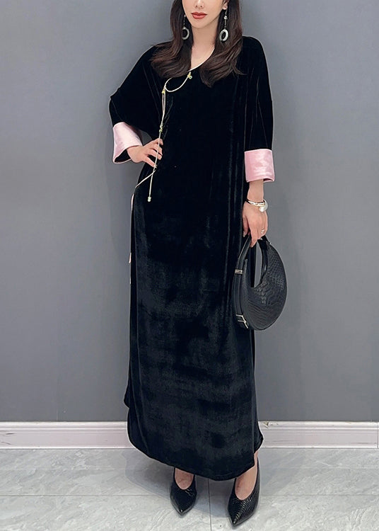 Women Black Lace Up Side Open Patchwork Velour Long Dress Fall